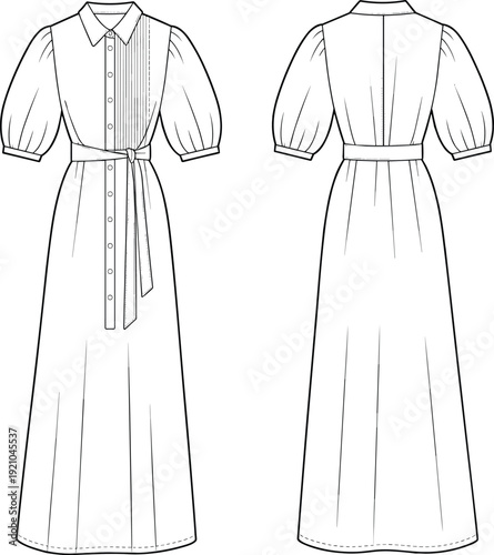 Elegant women's maxi shirt dress fashion cad drawing with puff sleeves, waist belt, pleated front design, flat vector illustration