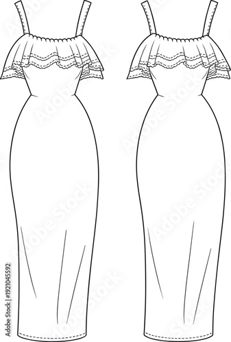 Elegant women's fashion dress CAD design, technical flat sketch, sleeveless midi dress with lace detail, vector illustration for garment manufacturing