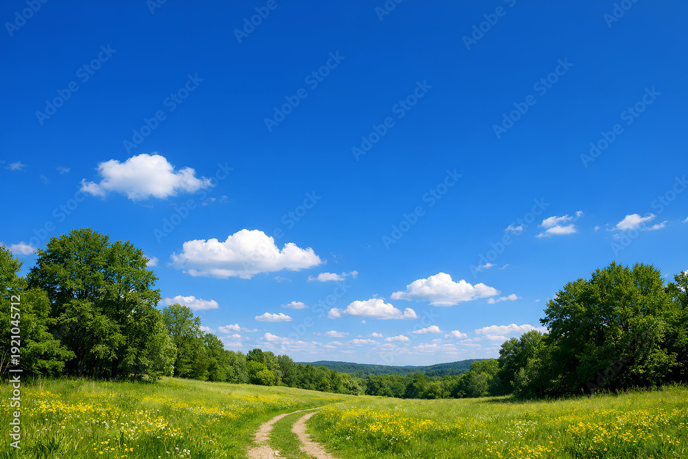 Fototapeta premium A scenic landscape with a dirt path winding through a lush green field, bordered by trees under a clear blue sky dotted with fluffy white clouds. Peaceful and serene.