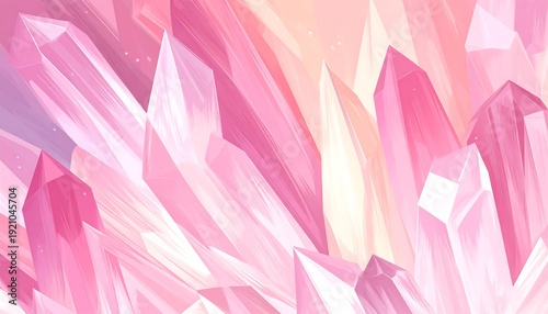 Abstract pink and white crystal formations, digitally illustrated with faceted shapes and a soft, dreamy aesthetic