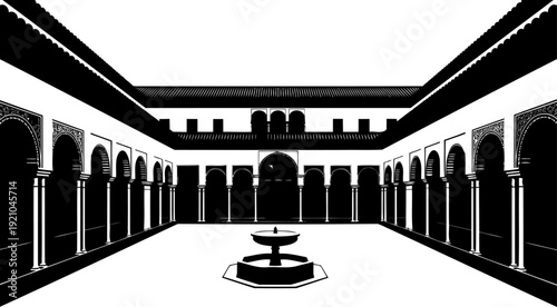 Moorish courtyard architecture silhouette with arches and a central fountain