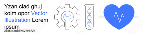 Healthcare, biotechnology, engineering, diagnostics, innovation, medical research. Gear, DNA test tube and heart with heartbeat line in vector style. Healthcare and biotechnology visualization