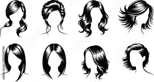 Elegant Female Profile Silhouette Set with Ponytail Long Waves and Front Facing Hairstyles Featuring Pearl Accessories for Beauty Salon Vector