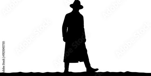 Mysterious man in a trench coat and hat silhouette