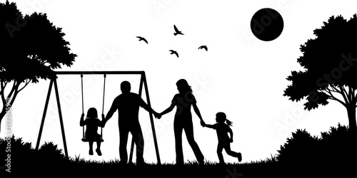 Parents and children playing in a park silhouette with swing