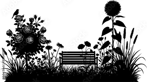 Park bench silhouette in a rose garden