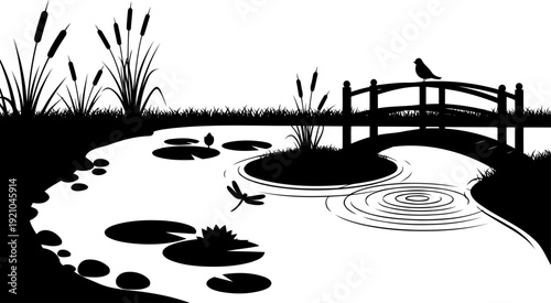 Peaceful pond landscape silhouette with bridge bird and water lilies