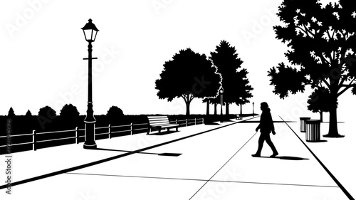 Pedestrian strolling along a park boardwalk silhouette