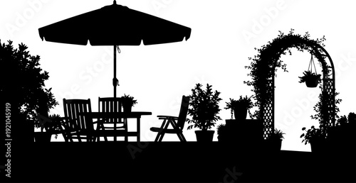 Patio garden scene with umbrella table and archway