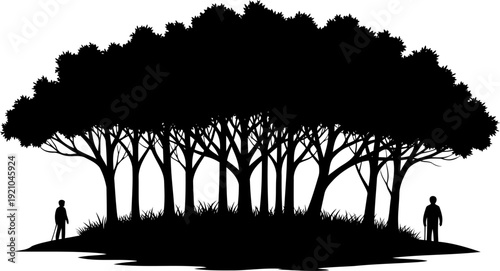 People walking through a grove of trees silhouette