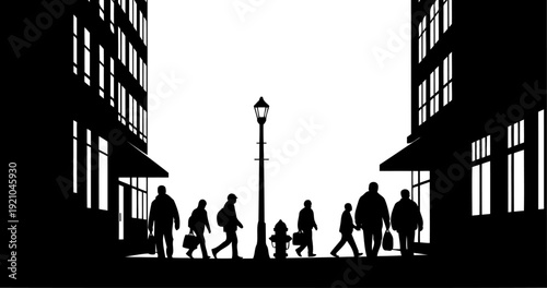 People walking on a busy city street between tall buildings silhouette