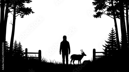 Person and deer meeting in forest clearing silhouette