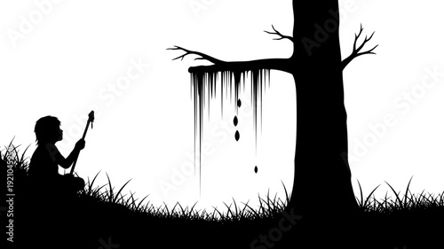 Person sitting under a weeping tree silhouette