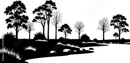 Riverbank landscape silhouette with diverse trees and shoreline shrubs