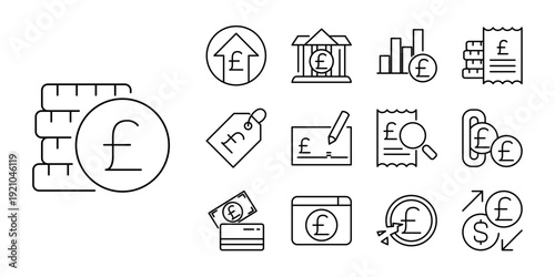 Collection of British Pound Sterling line icons for finance, banking, investment, and various business transactions, ideal for web and app designs
