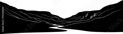 River valley landscape silhouette between mountain slopes