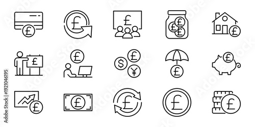 Sleek collection of British Pound sterling vector line icons depicting diverse financial concepts, from banking and investments to savings and economic management