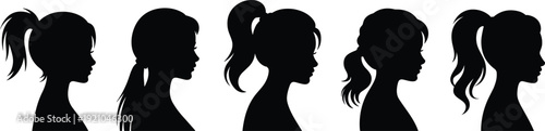 Elegant Woman Profile Silhouette Collection Featuring Ponytails Messy Buns and Long Hairstyles with Pearl Accessories for Beauty Salon Branding Graphics