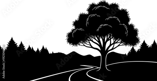 Scenic landscape silhouette with a winding road and large tree