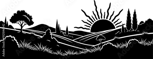 Scenic landscape with rising sun over rolling hills