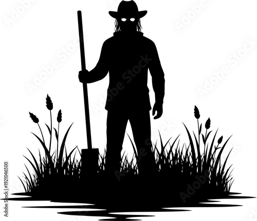 Spooky farmer silhouette with glowing eyes holding a shovel in a field