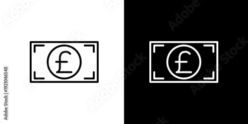 British Pound Sterling Currency Symbol in Line Art Style on Black and White Backgrounds