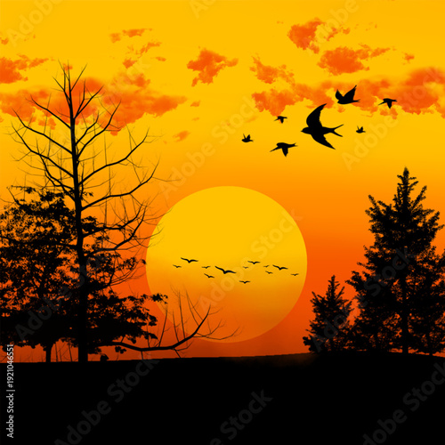 Orange sunset silhouette landscape in portrait orientation with tree and birds. Dramatic nature illustration background ideal for poster, wall art, and inspirational design.