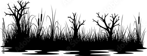 Swamp landscape silhouette with dead trees and reeds in water