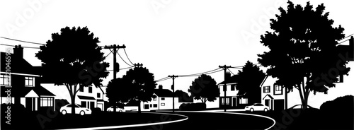 Suburban residential street silhouette featuring houses and trees lining a curved road