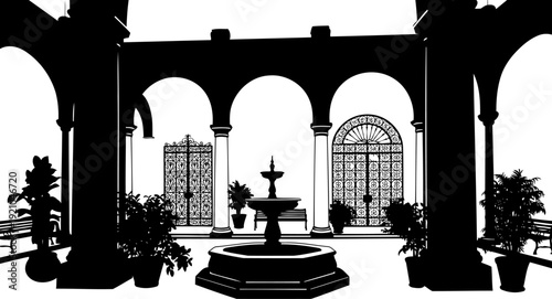 Traditional courtyard garden silhouette featuring central fountain and arched architecture
