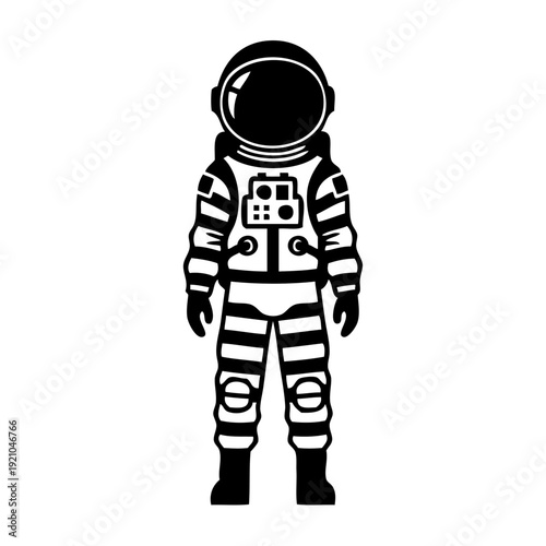 Astronaut in a striped spacesuit standing on a white background with a black outline