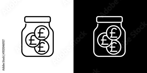 Line art icon of a transparent jar containing British Pound symbols, representing financial savings, investment, budget management, and wealth accumulation