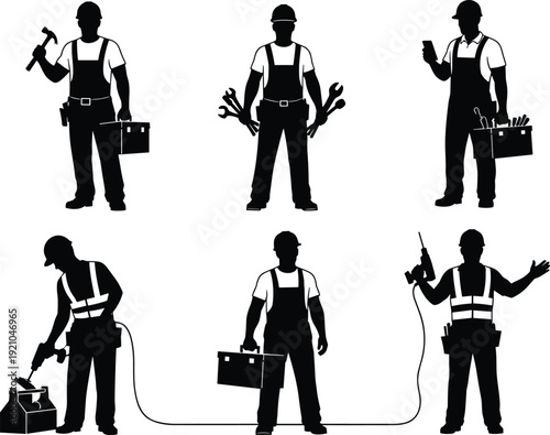 PrintConstruction worker silhouette wearing hard hat and tool belt pointing at building site