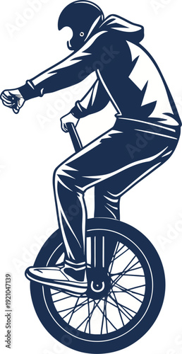 A stylized illustration of a person riding a unicycle in blue tones