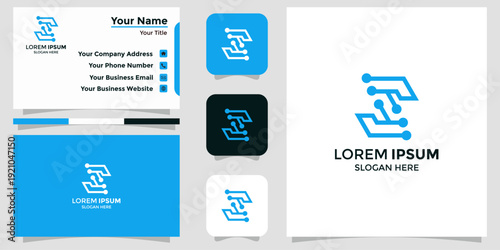 Modern Technology Logo Design with Business Card and Icon Set
