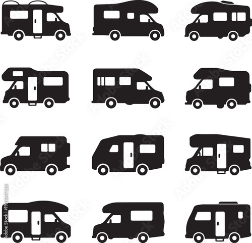 Camping trucks black glyph icons vector set