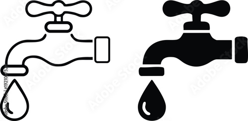 Water Faucet Icon Set, Plumbing and Water Conservation Icons, vector, illustration, silhouette.