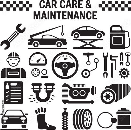 Car Care and Maintenance Objects icons Set, Black and white, Silhouette, Vehicle Mechanicals, Garage Service