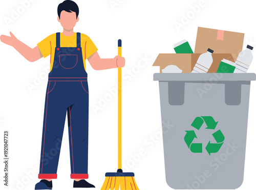 Vector illustration of a male janitor in blue overalls holding a broom standing next to a grey recycling bin full of cardboard and plastic.
