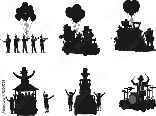 Festival Parade Float Silhouette Set with Marching Band, Balloons, Cartoon Characters and Celebration Crowd Vector Illustration Collection