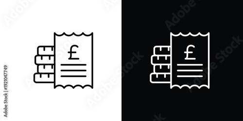 Line art icon illustrating financial transactions, a receipt with a pound sterling symbol, and stacked coins for money management and budgeting