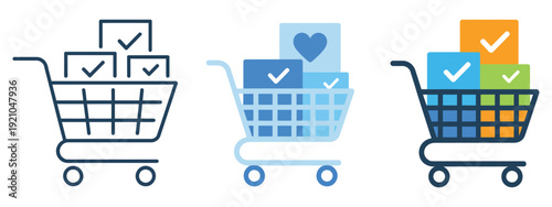 Shopping cart icons featuring full carts with packages for e-commerce and retail applications