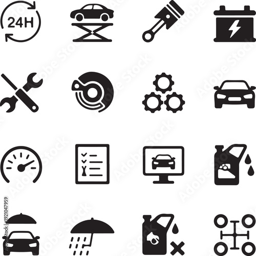 Silhouettes of auto mechanics working on cars and car parts with tools and a dollar gear