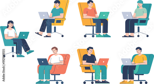 People working on laptops sitting in office chairs, remote work illustration set, modern flat vector characters