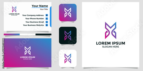 Modern abstract geometric logo design with vibrant gradient colors, showcased on a professional business card and branding elements, ideal for corporate identity