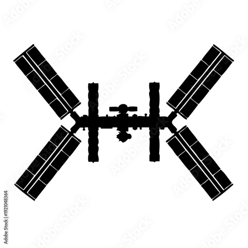 A detailed illustration of a space station with multiple docking ports and solar panels.