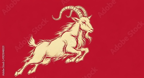 A spirited cream-colored goat leaps across a vibrant red canvas in a detailed, hand-drawn vintage style, capturing a sense of energy, tradition, and rustic elegance.