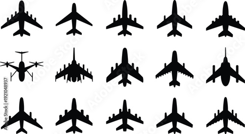 Airplane silhouette icon set, aircraft top view collection, aviation symbols, black jet shapes, travel transport vector illustration