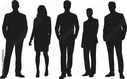 PrintBusiness silhouettes standing together, corporate teamwork, professional diversity, office attire illustration, business people group, workplace unity, leadership concept