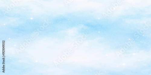 A beautiful abstract blue bokeh background features bright white clouds and sunny light across a clear summer sky landscape to create a high atmosphere of heavenly nature